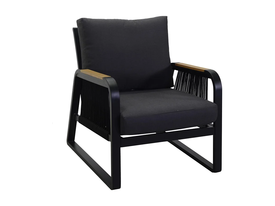 Salotto alluminio Idaho corda 3p antracite con cuscini grigio top tavolo legno