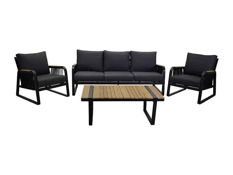 Salotto alluminio Idaho corda 3p antracite con cuscini grigio top tavolo legno