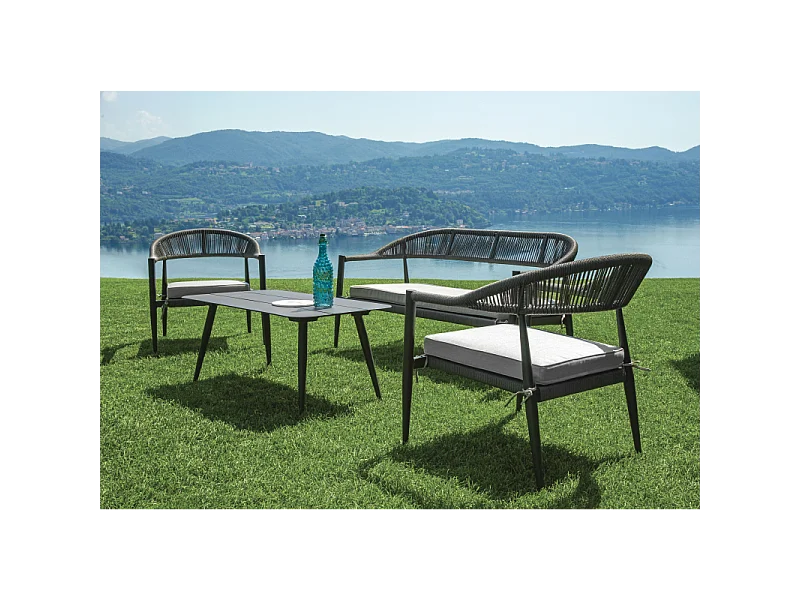 Salotto Milano In Alluminio Antracite + Seduta E Schienale In Wicker Grigio Moia