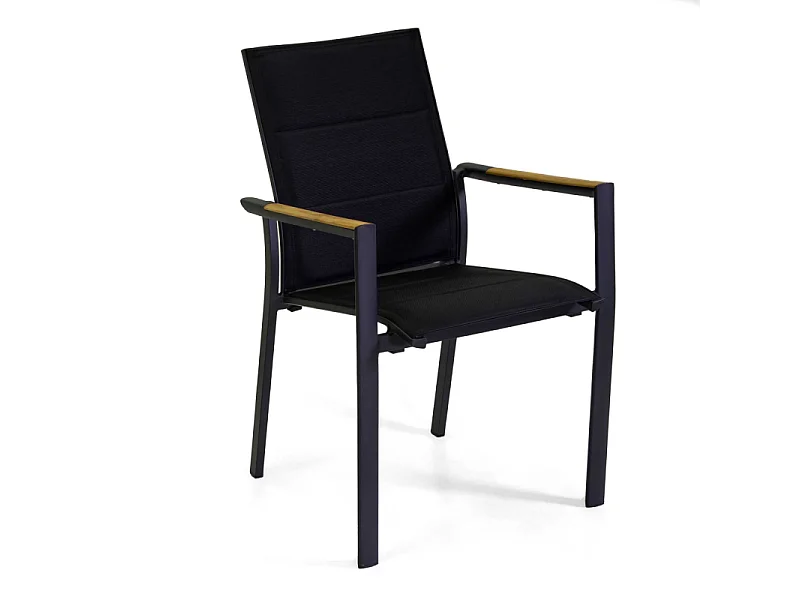 Poltrona alluminio Rachel nero con textilene nero e teak 56x58h45/88