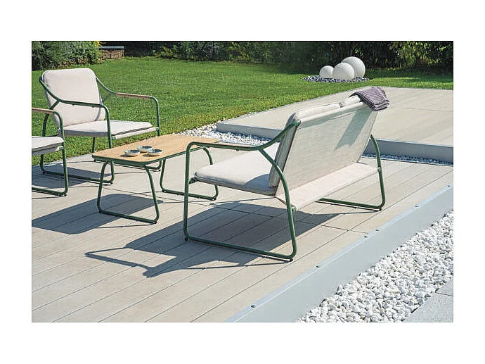 Conjunto de jardín moderno 2 sillones, sofá y mesa Tinos - Verde oscuro