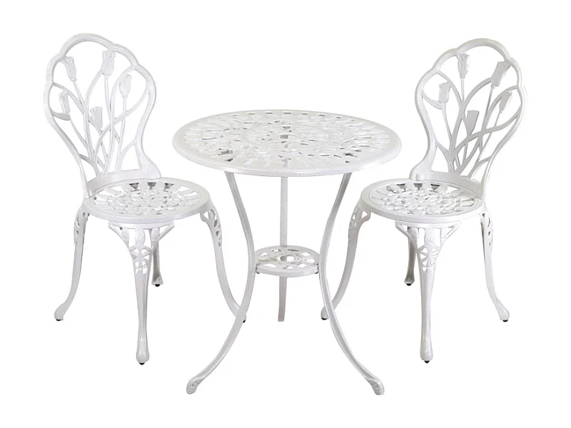 Tavolo alluminio pressofuso Parma bianco anticato tondo con 2 sedie