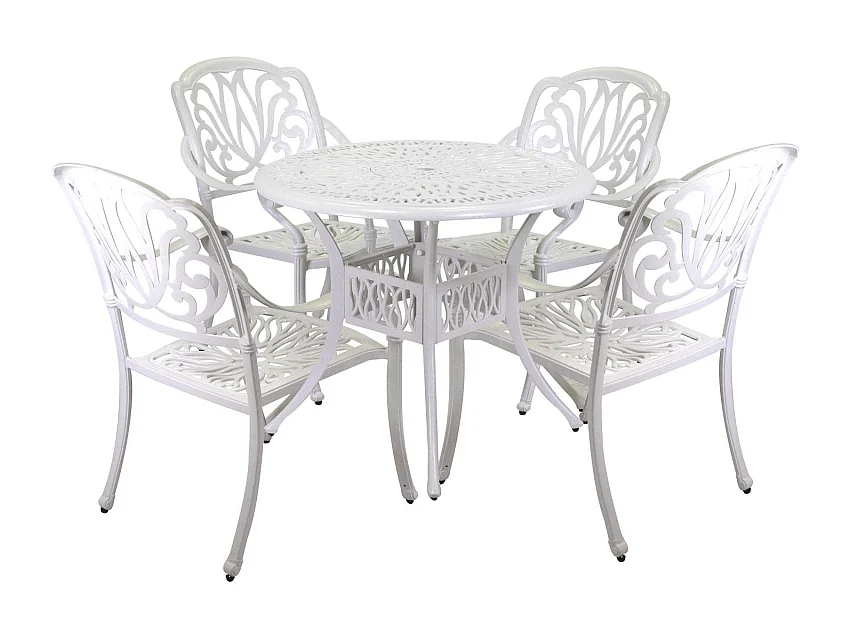 Tavolo alluminio pressofuso Maryland bianco tondo con 4 poltrone con braccioli