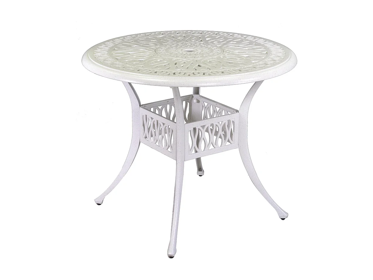 Tavolo alluminio pressofuso Maryland bianco tondo con 4 poltrone con braccioli