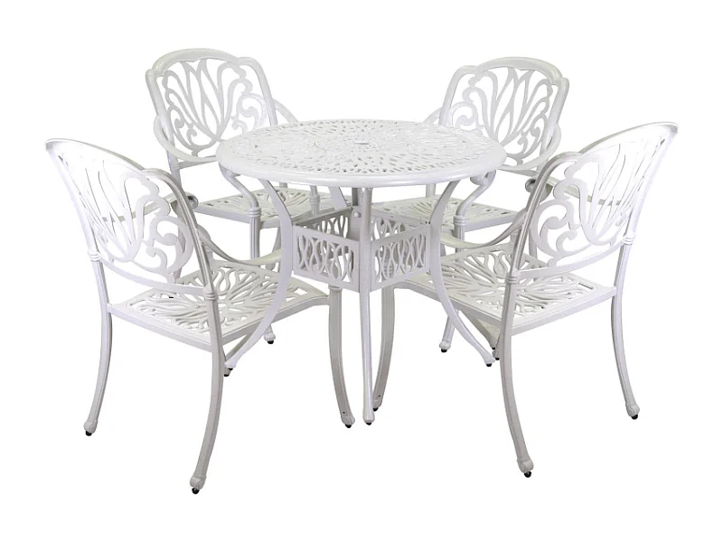 Tavolo alluminio pressofuso Maryland bianco tondo con 4 poltrone con braccioli