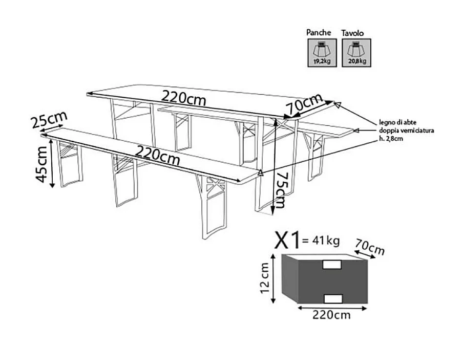 BIERGARTEN-TISCH- UND BANKSET MIT 3-BEIN-GESTELL 220x70 cm