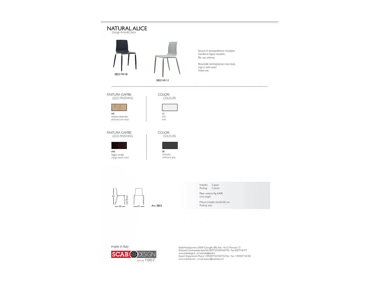 SET DUE SEDIE NATURAL ALICE TECNOPOLIMERO MADE IN ITALY SCAB DESIGN - Antracite 81