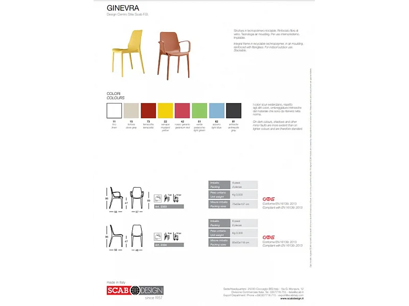 SET 4 SEDIE GINEVRA TECNOPOLIMERO CON BRACCIOLI SCAB DESIGN - Azzurro 62