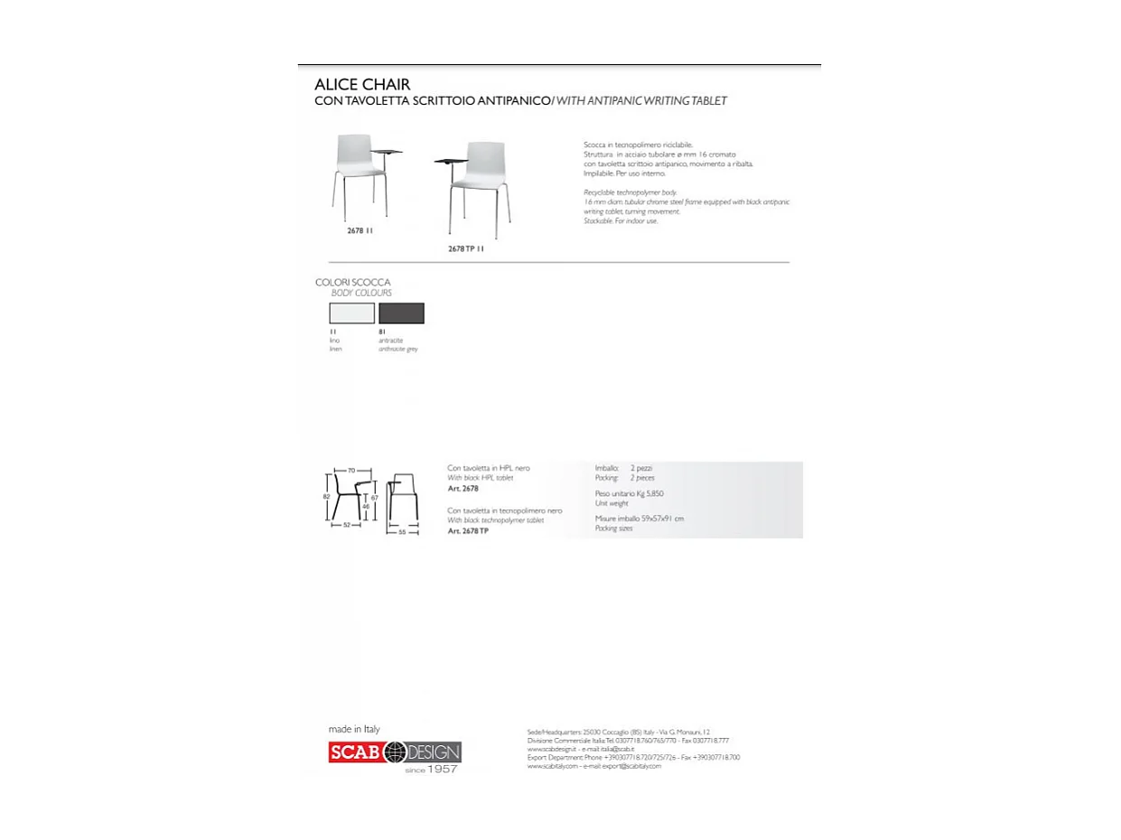 SET 2 SEDIA ALICE con tavoletta scrittoio antipanico MADE IN ITALY SCAB DESIGN - Antracite 81