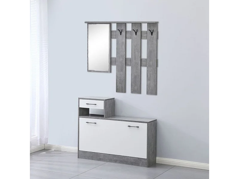 Mobile ingresso Rudolf XL con specchio e scarpiera colore cemento e bianco con maniglie nere