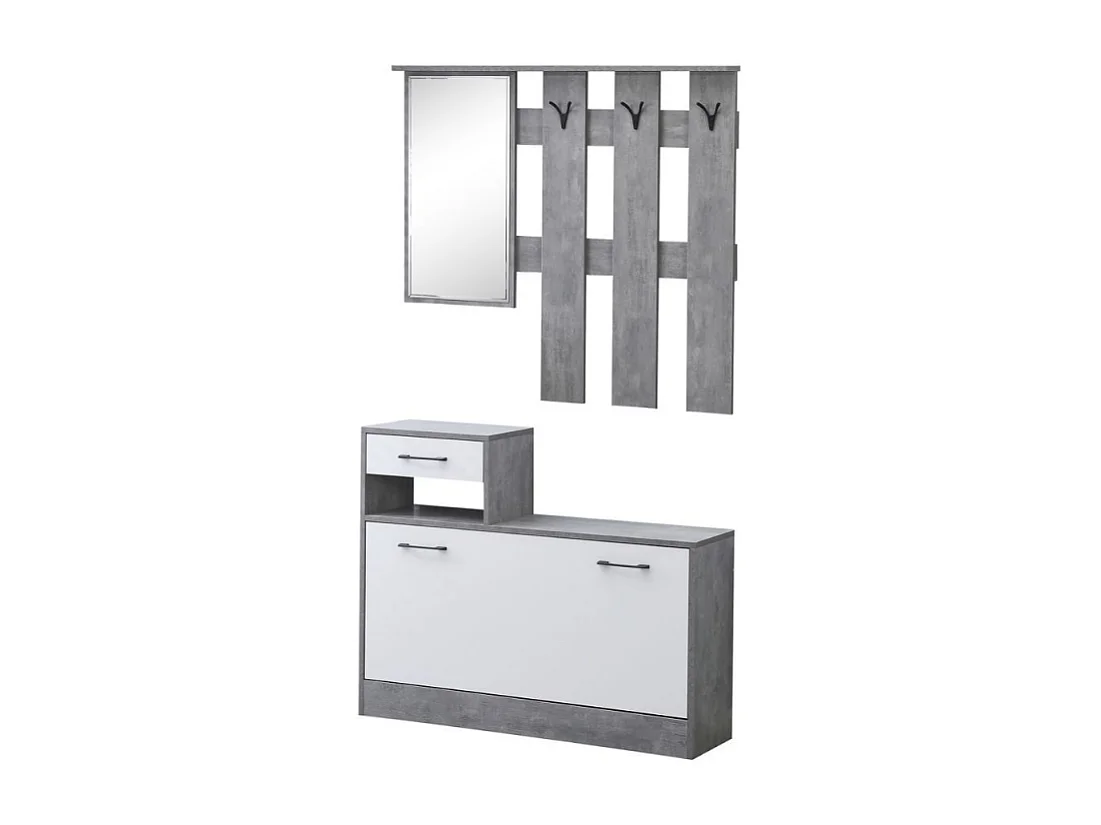 Mobile ingresso Rudolf XL con specchio e scarpiera colore cemento e bianco con maniglie nere