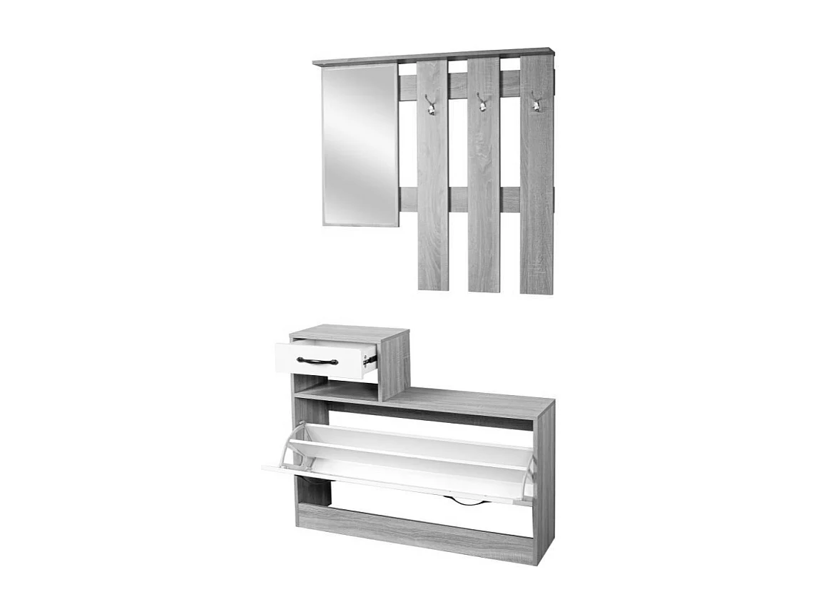 Mobile ingresso Rudolf XL con specchio e scarpiera colore cemento e bianco con maniglie nere