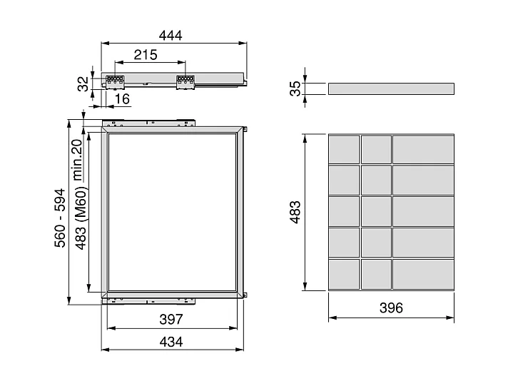 Kit cassetto organizzatore con telaio di guide a chiusura morbida per armadio, regolabile, modulo 600mm, Grigio pietra