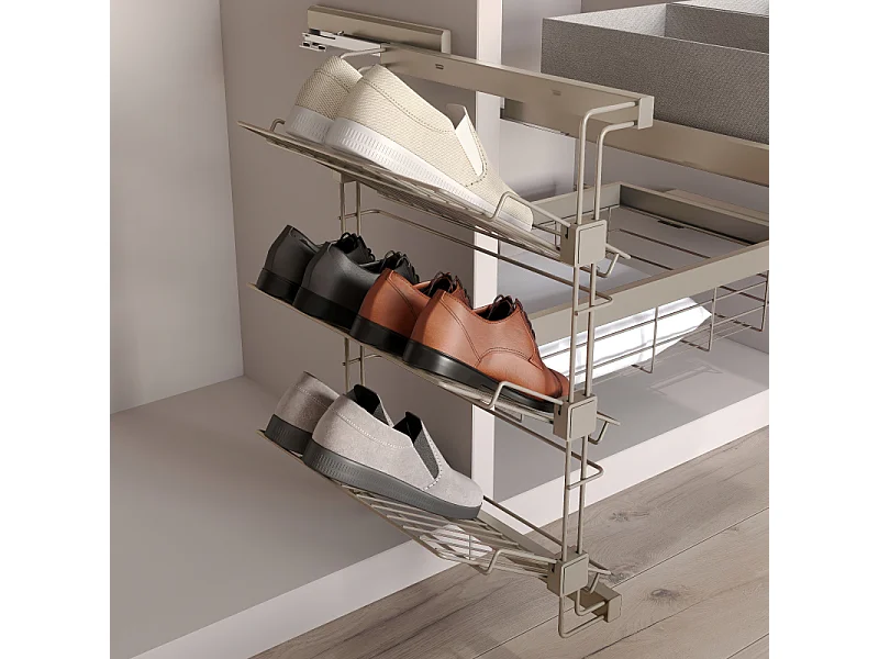 Scarpiera laterale estraibile per armadi e cabine armadio Hack, Destra, Verniciato grigio pietra, Acciaio.