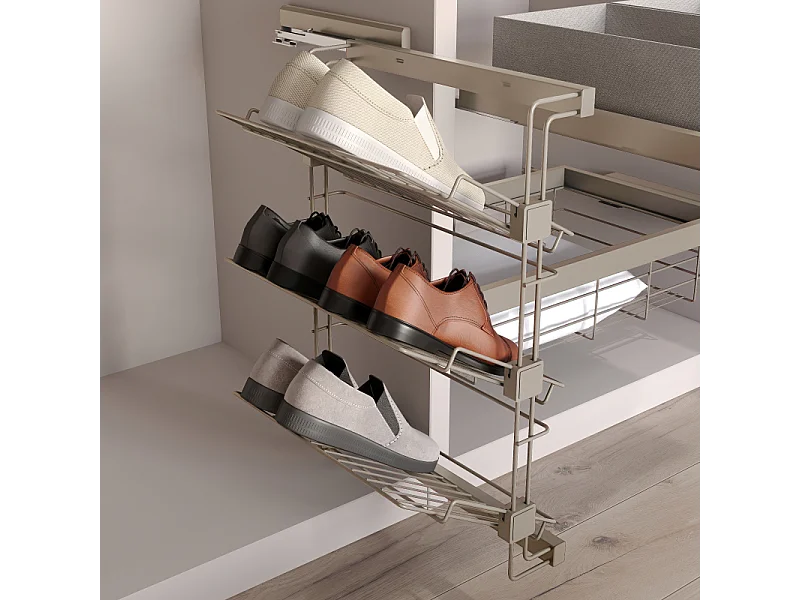 Scarpiera laterale estraibile per armadi e cabine armadio Hack, Destra, Verniciato grigio pietra, Acciaio.