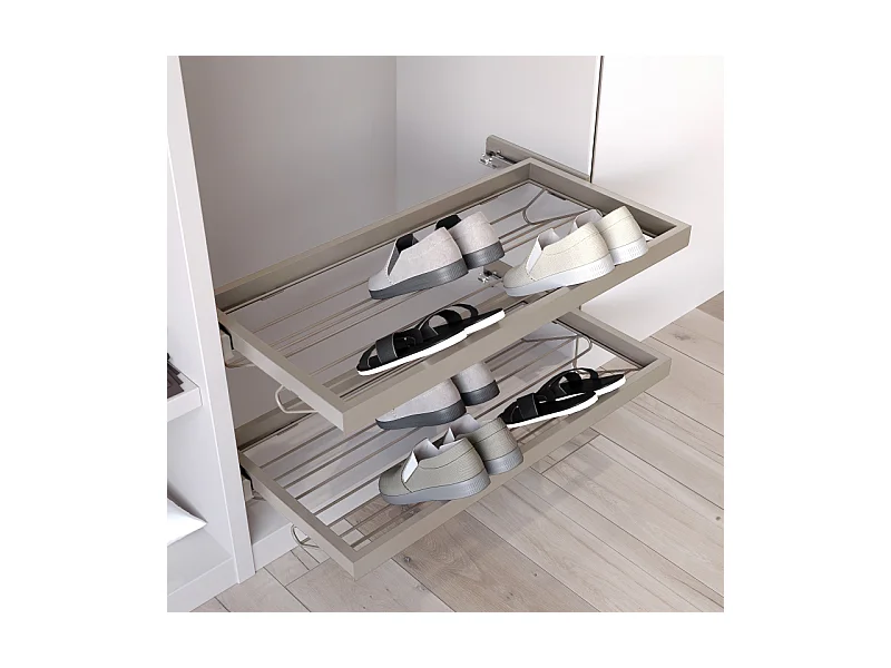 Kit cassetto portascarpe e telaio con guide a chiusura morbida per armadio, regolabile, modulo 600mm, Grigio pietra