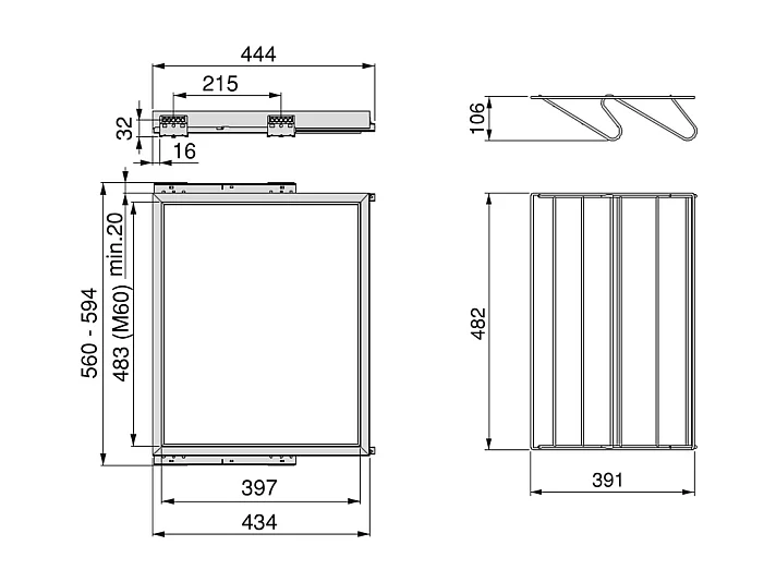Kit cassetto portascarpe e telaio con guide a chiusura morbida per armadio, regolabile, modulo 600mm, Grigio pietra