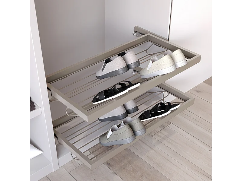 Kit cassetto portascarpe e telaio con guide a chiusura morbida per armadio, regolabile, modulo 600mm, Grigio pietra