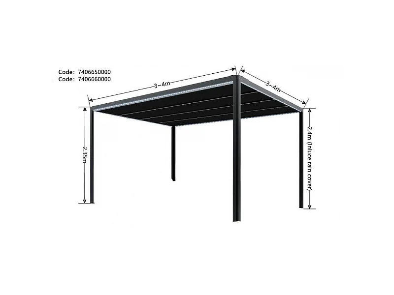 Gazebo pergola alluminio Milwaukee nerocon telo elettrico m3x3h2,3