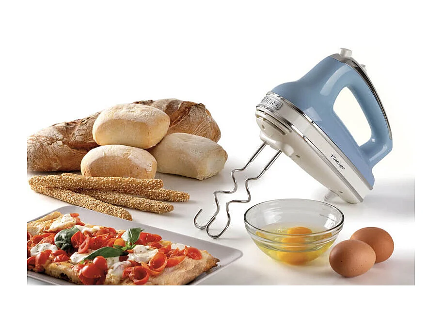 Sbattitore Vintage 450W - 5 velocità - Funzione turbo - 2 fruste - Celeste