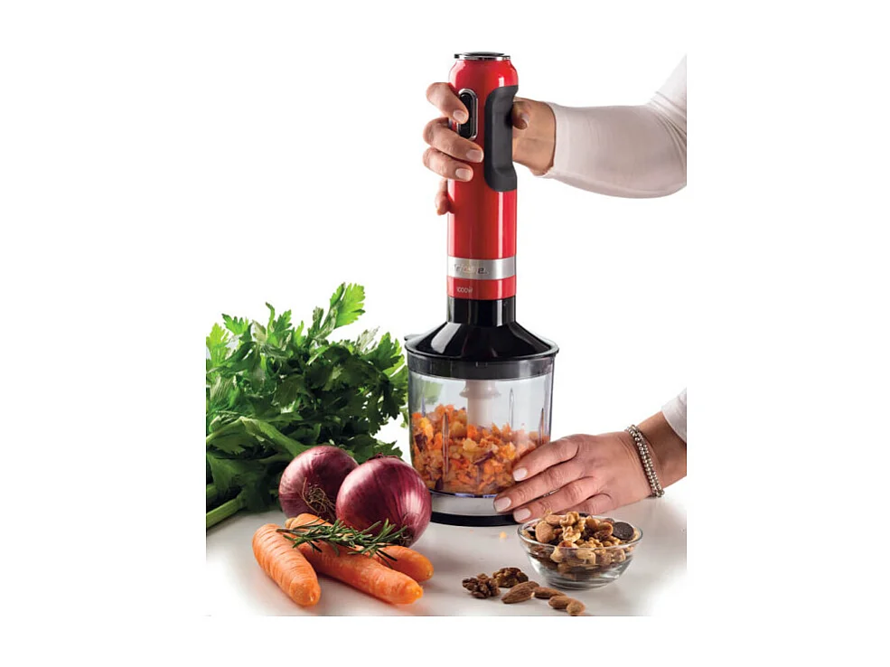 Frullatore a immersione 1000W - 10 velocità + turbo - Accessori inclusi - Rosso