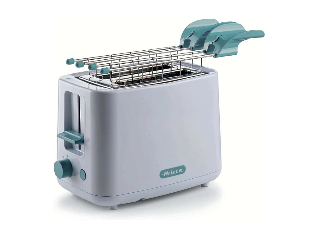 Tostapane 760W, capacità 2 fette di pane, 7 livelli di doratura, pinze inox - White & Aegean Teal