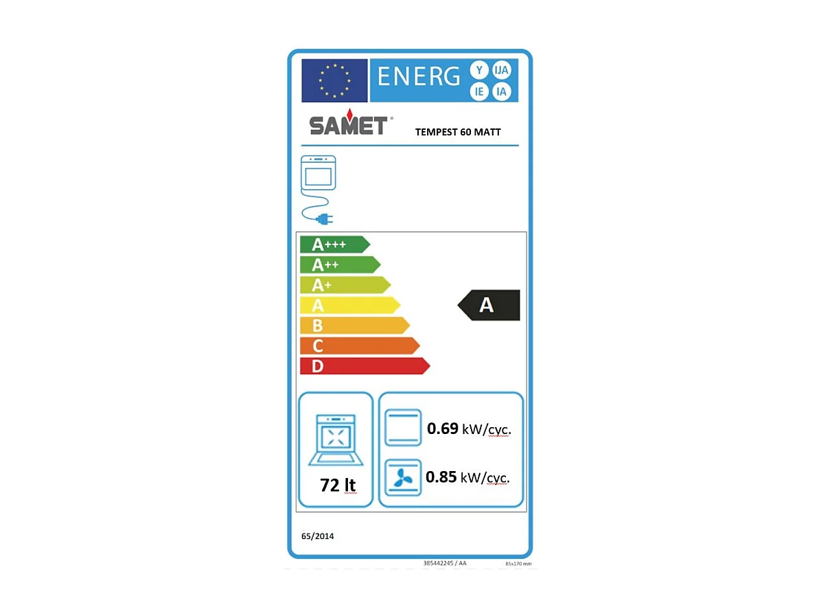 Forno elettrico Samet Tempest da incasso 60 cm. 69 lt vetro satinato temperato nero opaco classe A