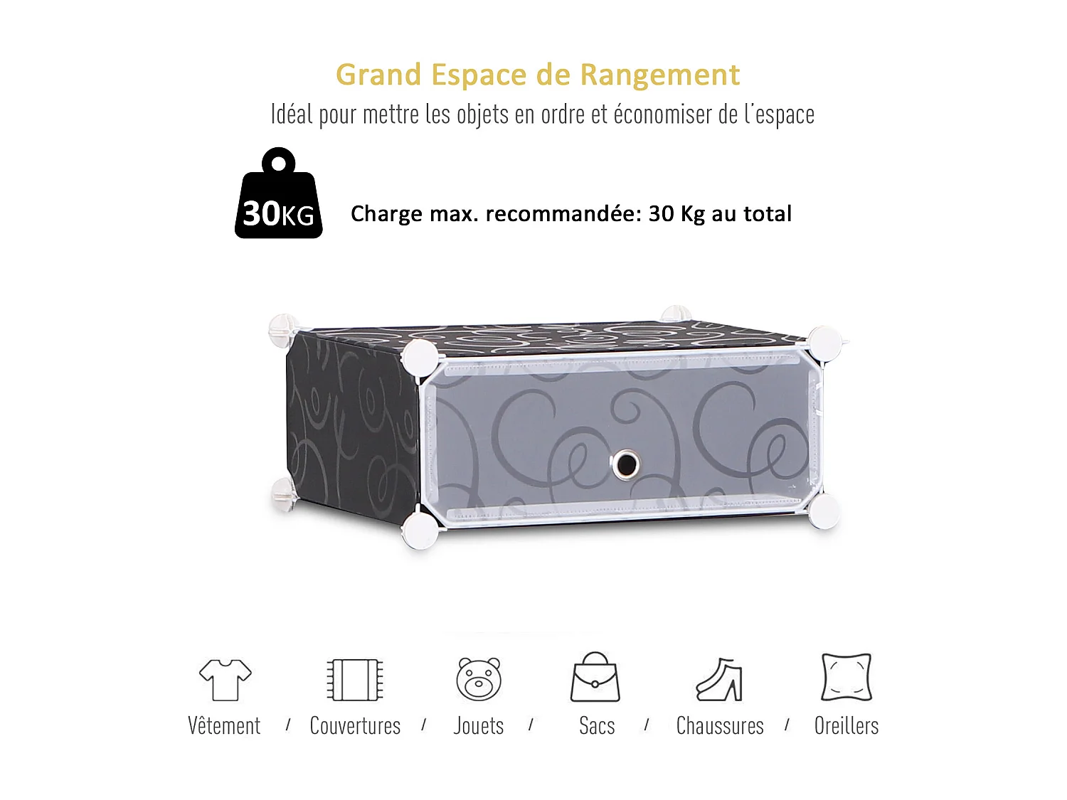 Armoire à chaussures range chaussures L 95 x l 37 x H 160 cm 14 cubes rectangulaires et 2 grands cubes noir et blanc