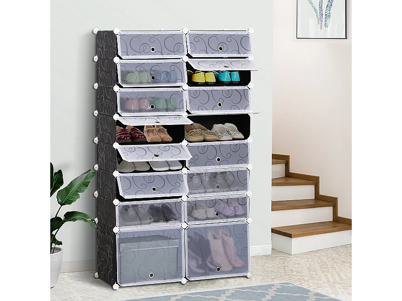 Armoire à chaussures range chaussures L 95 x l 37 x H 160 cm 14 cubes rectangulaires et 2 grands cubes noir et blanc