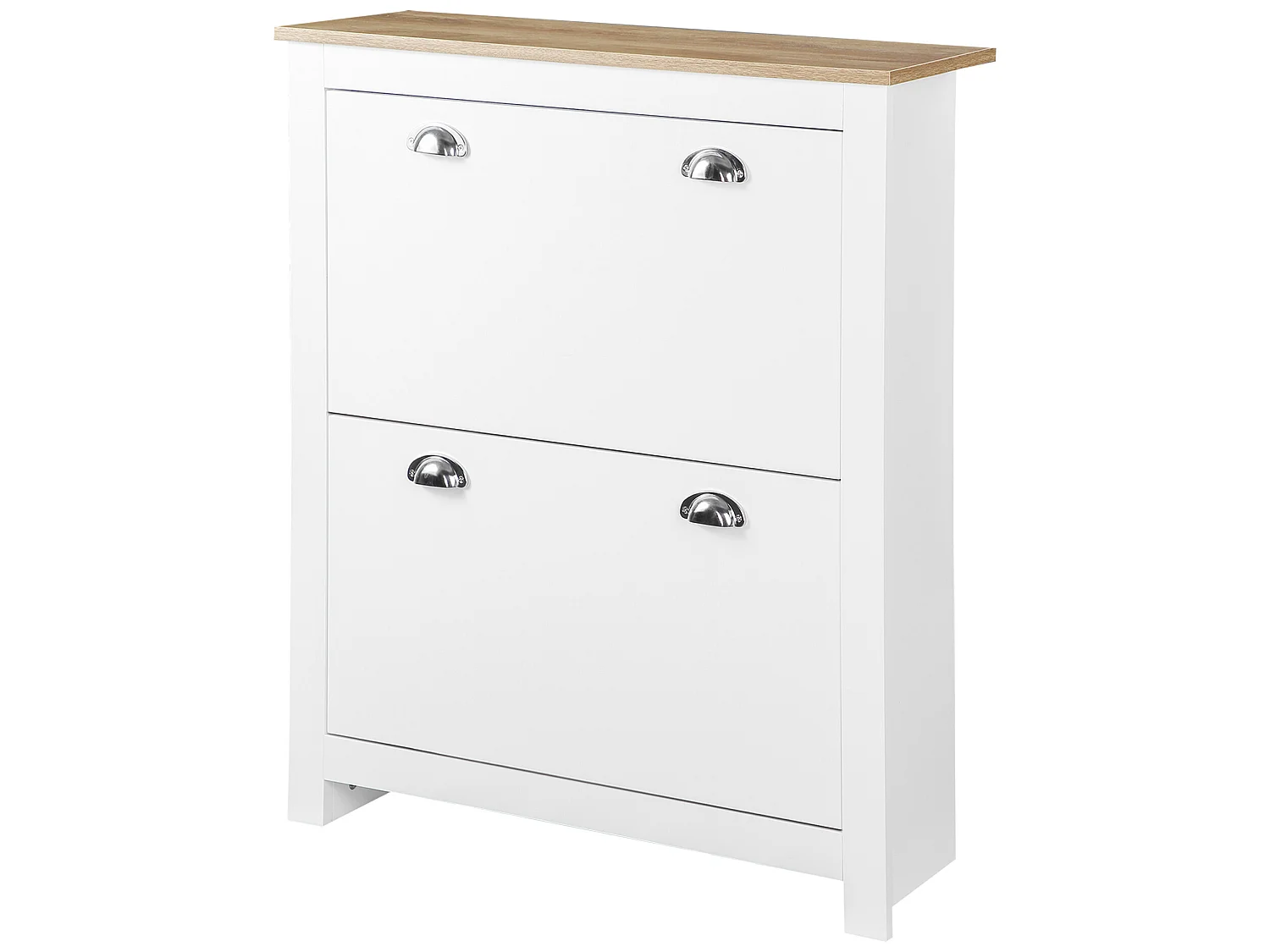 Armoire à chaussures 2 portes abattantes 2 compartiments poignées coquilles métal MDF blanc chêne clair