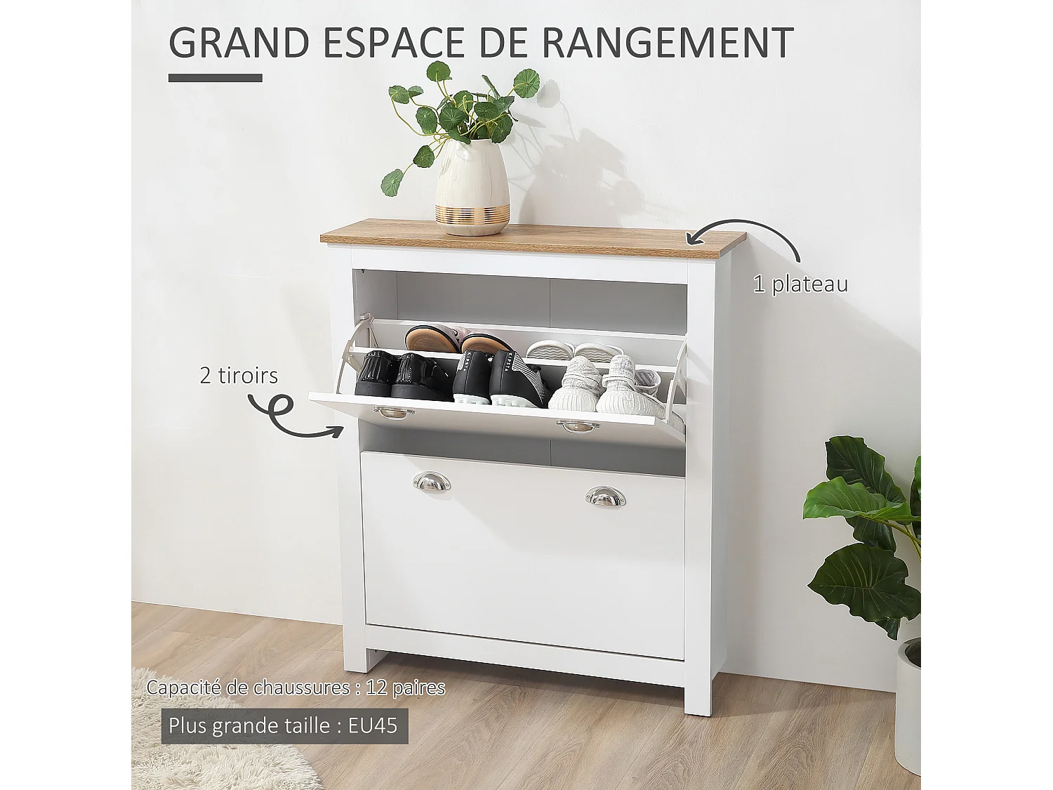 Armoire à chaussures 2 portes abattantes 2 compartiments poignées coquilles métal MDF blanc chêne clair