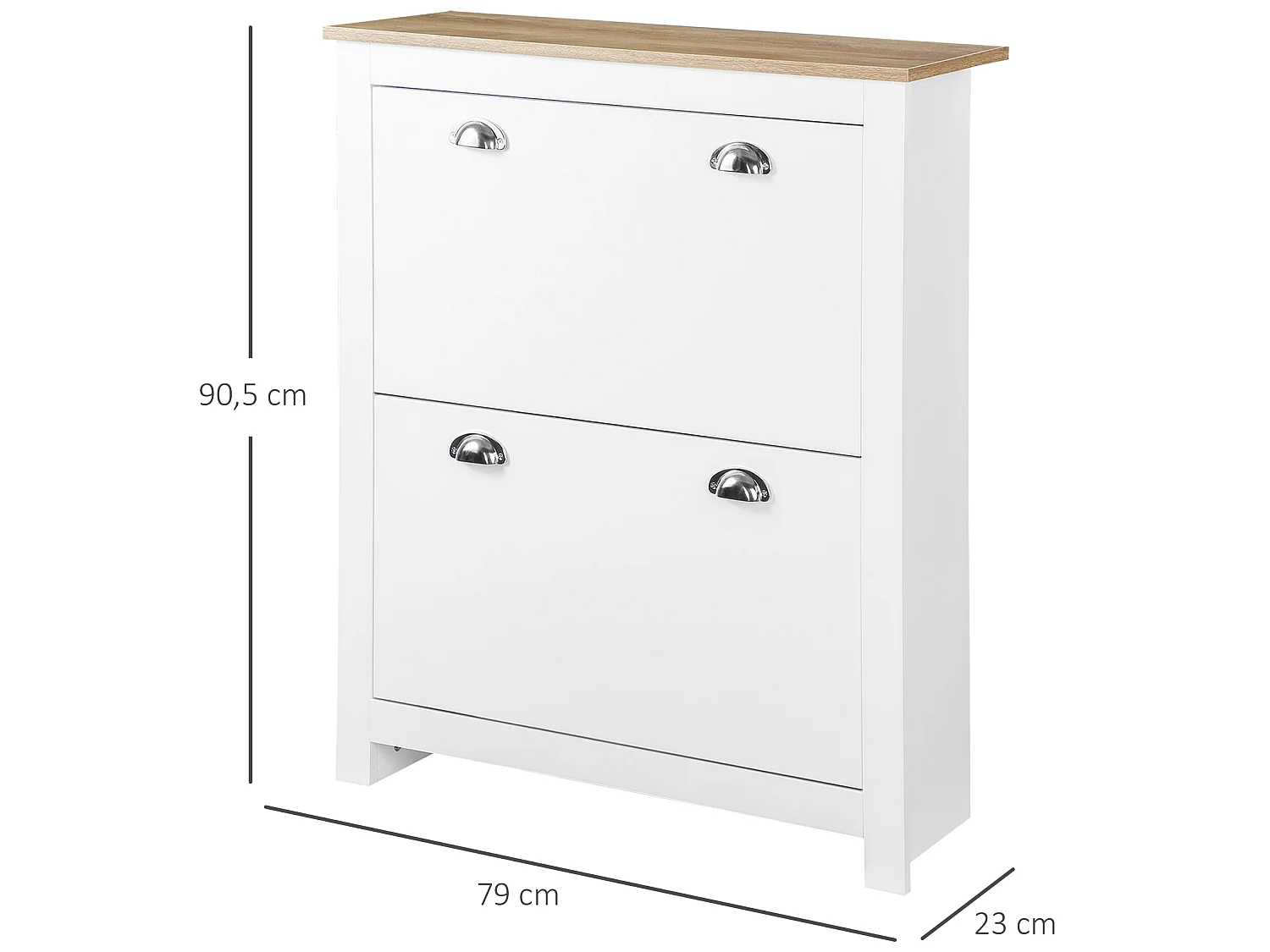 Armoire à chaussures 2 portes abattantes 2 compartiments poignées coquilles métal MDF blanc chêne clair