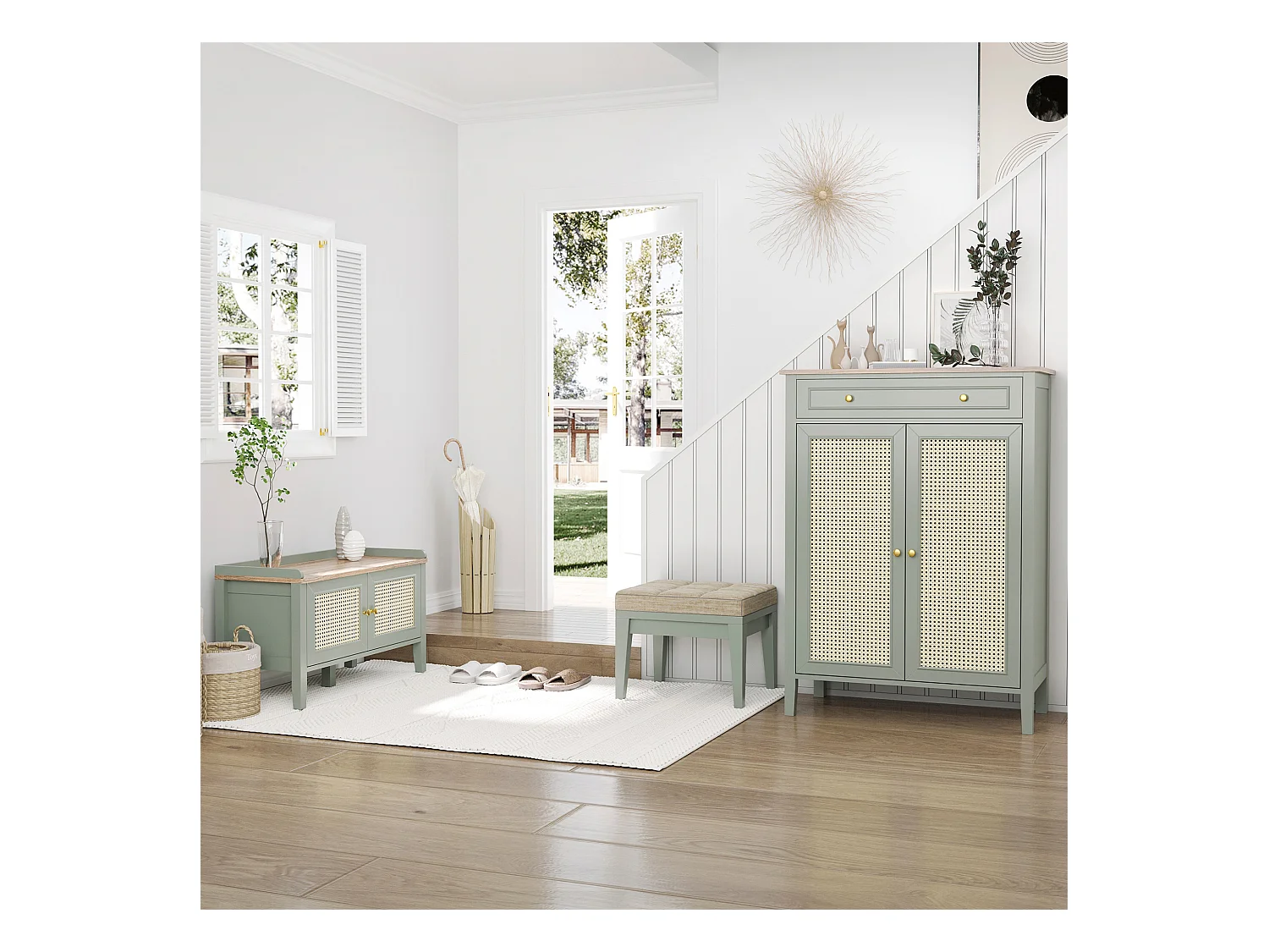 Meuble à chaussures style bohème chic - 2 portes 2 étagères réglables tiroir - MDF vert d'eau aspect chêne clair rotin