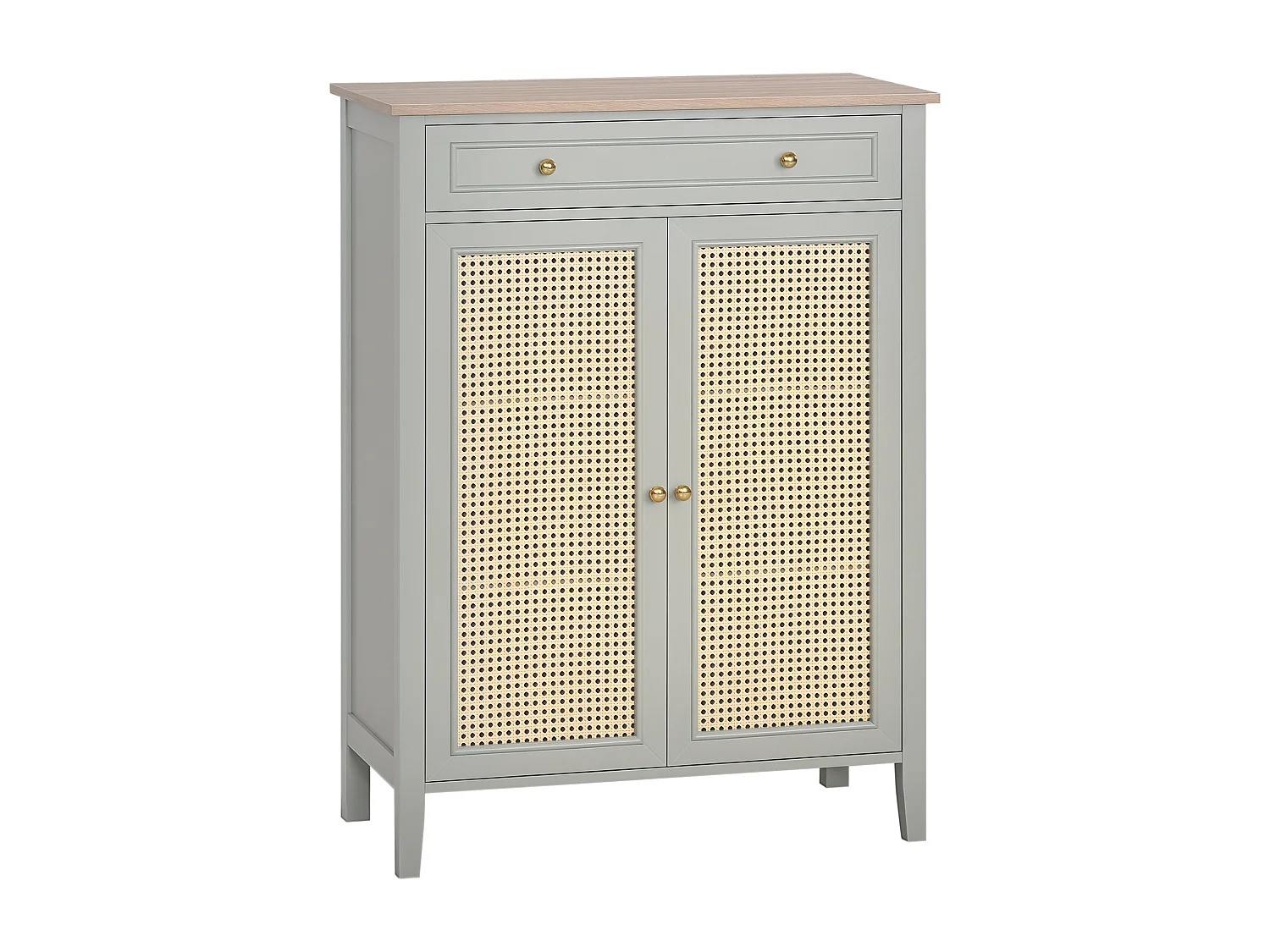 Meuble à chaussures style bohème chic - 2 portes 2 étagères réglables tiroir - MDF vert d'eau aspect chêne clair rotin