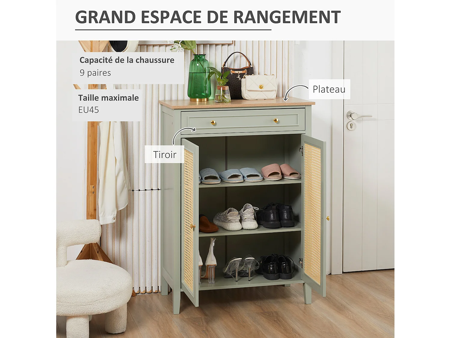 Meuble à chaussures style bohème chic - 2 portes 2 étagères réglables tiroir - MDF vert d'eau aspect chêne clair rotin