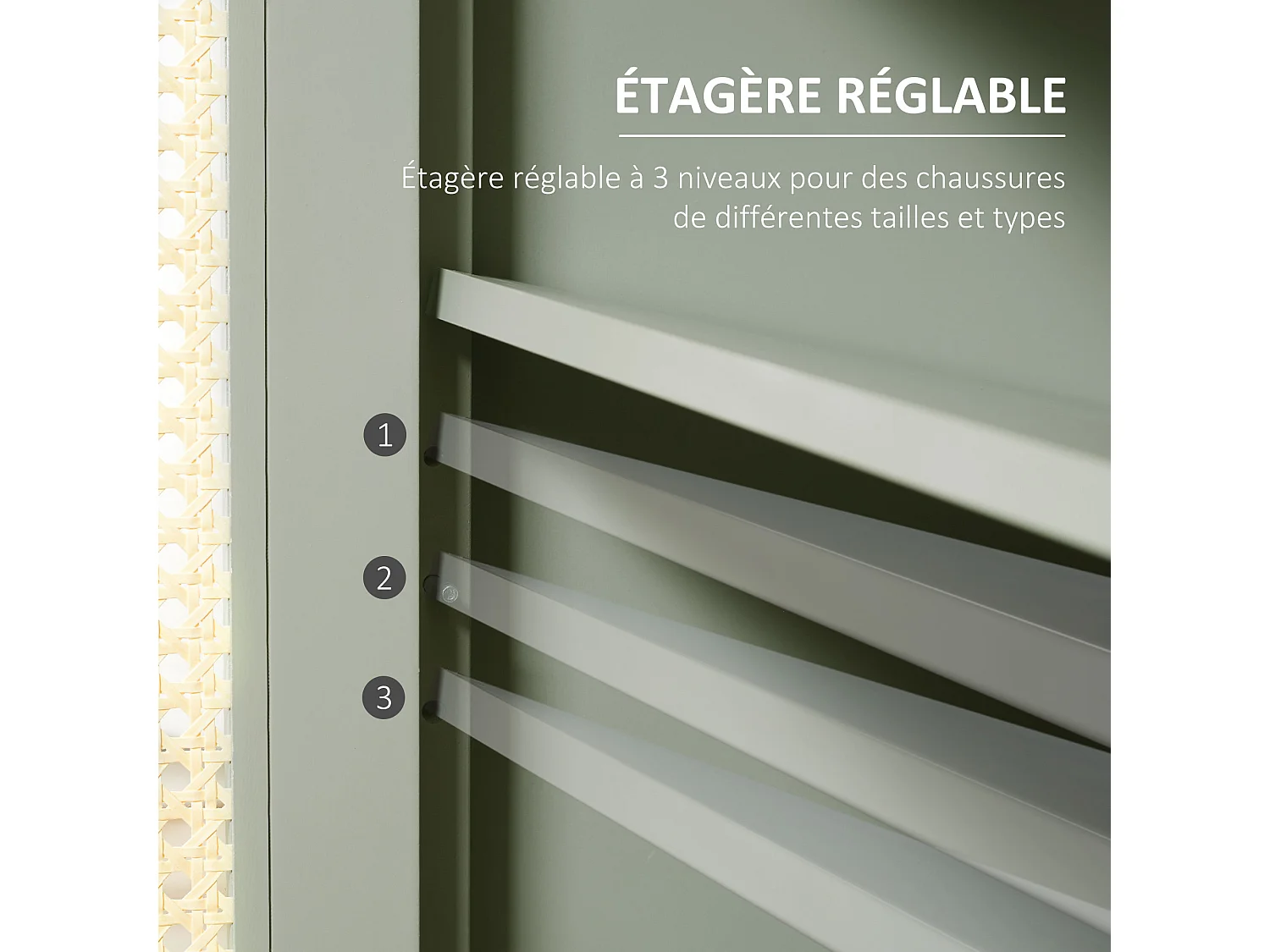 Meuble à chaussures style bohème chic - 2 portes 2 étagères réglables tiroir - MDF vert d'eau aspect chêne clair rotin