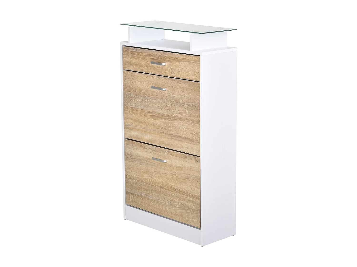 Armoire à chaussures organisateur de luxe pour chaussures 2 portes abattantes 2 compartiments, tiroir, étagère verre panneaux particules chêne blanc