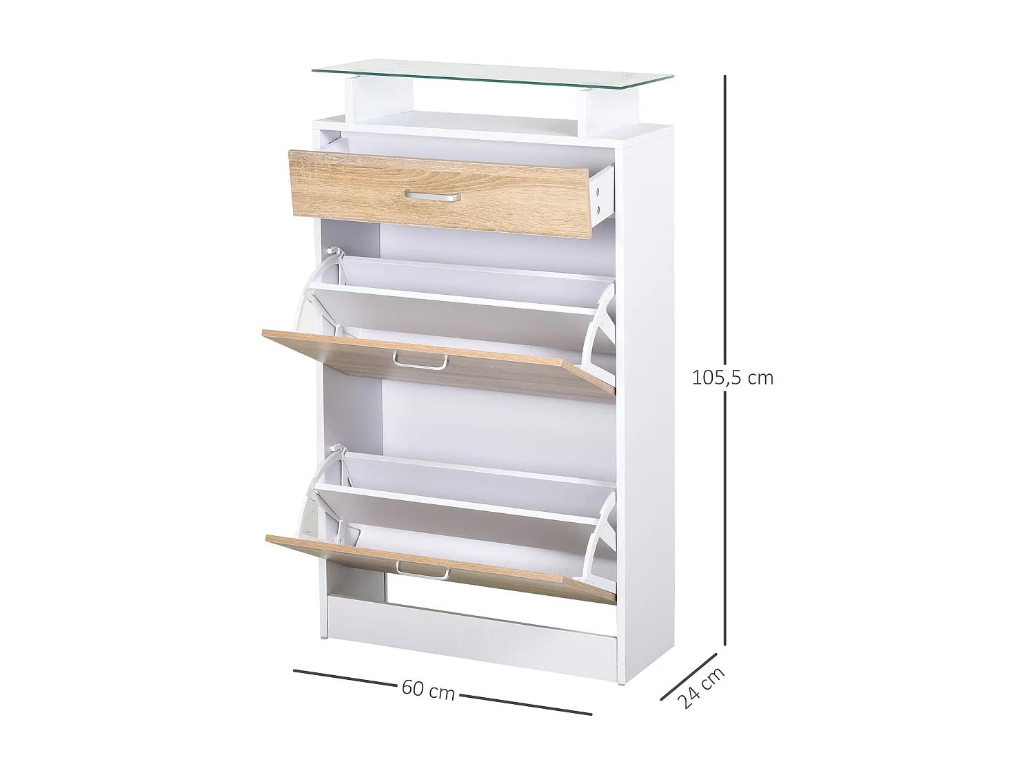 Armoire à chaussures organisateur de luxe pour chaussures 2 portes abattantes 2 compartiments, tiroir, étagère verre panneaux particules chêne blanc
