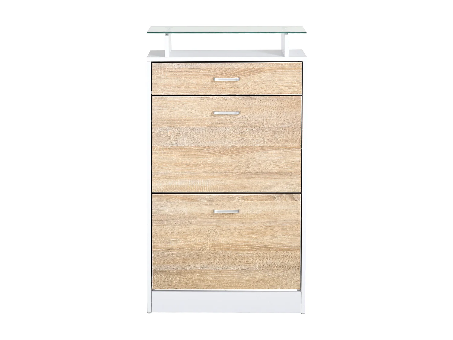 Armoire à chaussures organisateur de luxe pour chaussures 2 portes abattantes 2 compartiments, tiroir, étagère verre panneaux particules chêne blanc