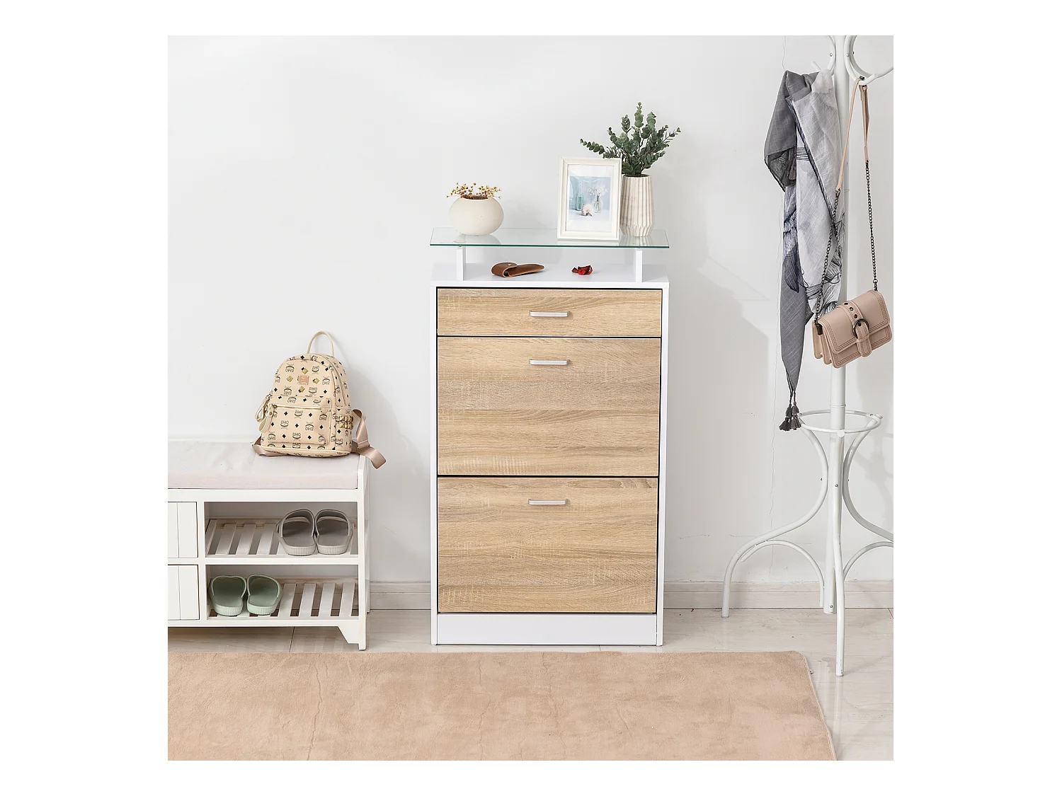 Armoire à chaussures organisateur de luxe pour chaussures 2 portes abattantes 2 compartiments, tiroir, étagère verre panneaux particules chêne blanc