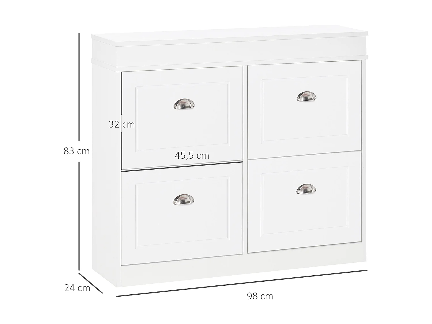 Armoire à chaussures meuble à chaussures rangement pour 32 paires dim. 98L x 24l x 83H cm  4 portes abattantes double niveau MDF blanc