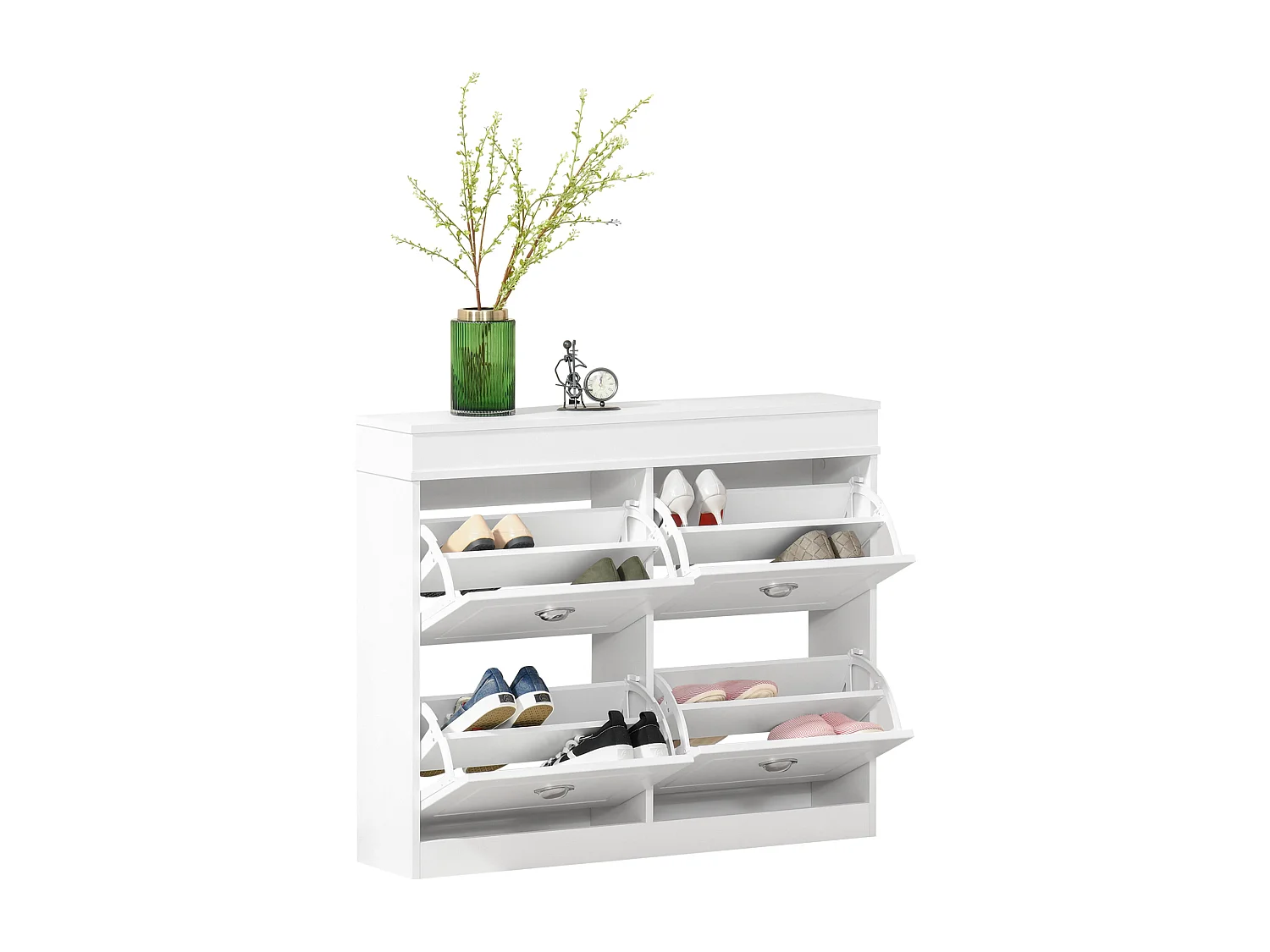 Armoire à chaussures meuble à chaussures rangement pour 32 paires dim. 98L x 24l x 83H cm  4 portes abattantes double niveau MDF blanc