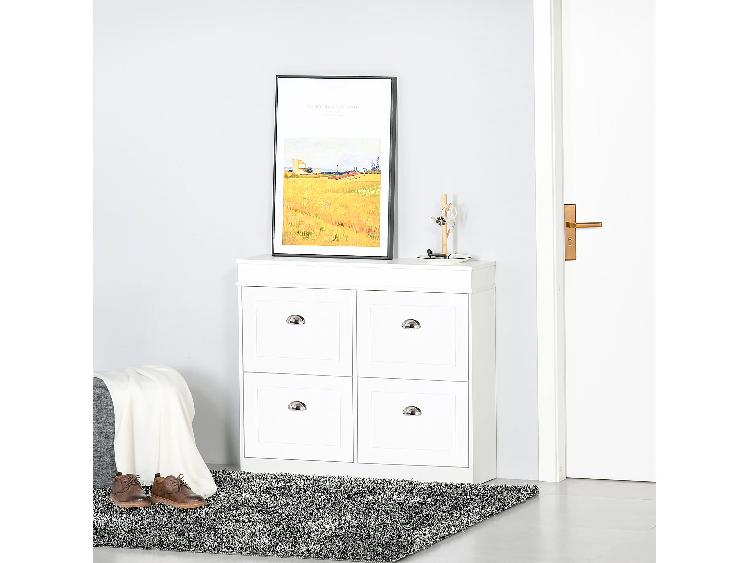 Armoire à chaussures meuble à chaussures rangement pour 32 paires dim. 98L x 24l x 83H cm  4 portes abattantes double niveau MDF blanc