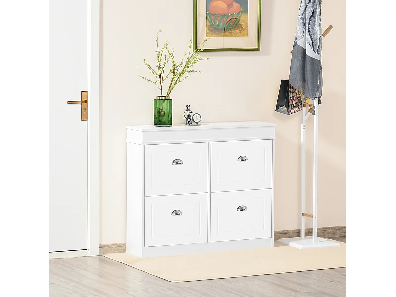 Armoire à chaussures meuble à chaussures rangement pour 32 paires dim. 98L x 24l x 83H cm  4 portes abattantes double niveau MDF blanc