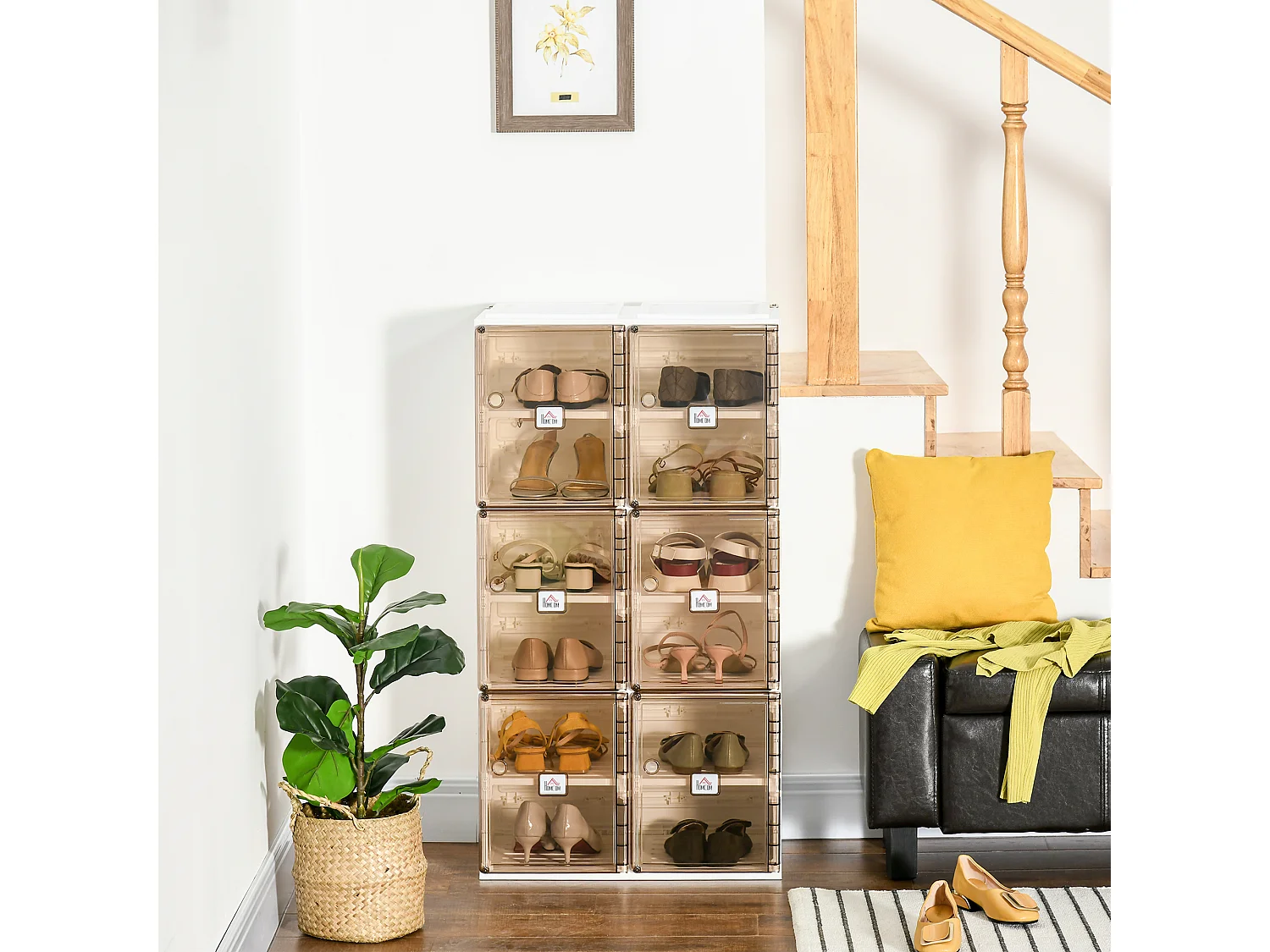 Meuble à chaussures pliant - 12 compartiments, 6 portes - dim. 53L x 34l x 100H cm - PP blanc marron transparent