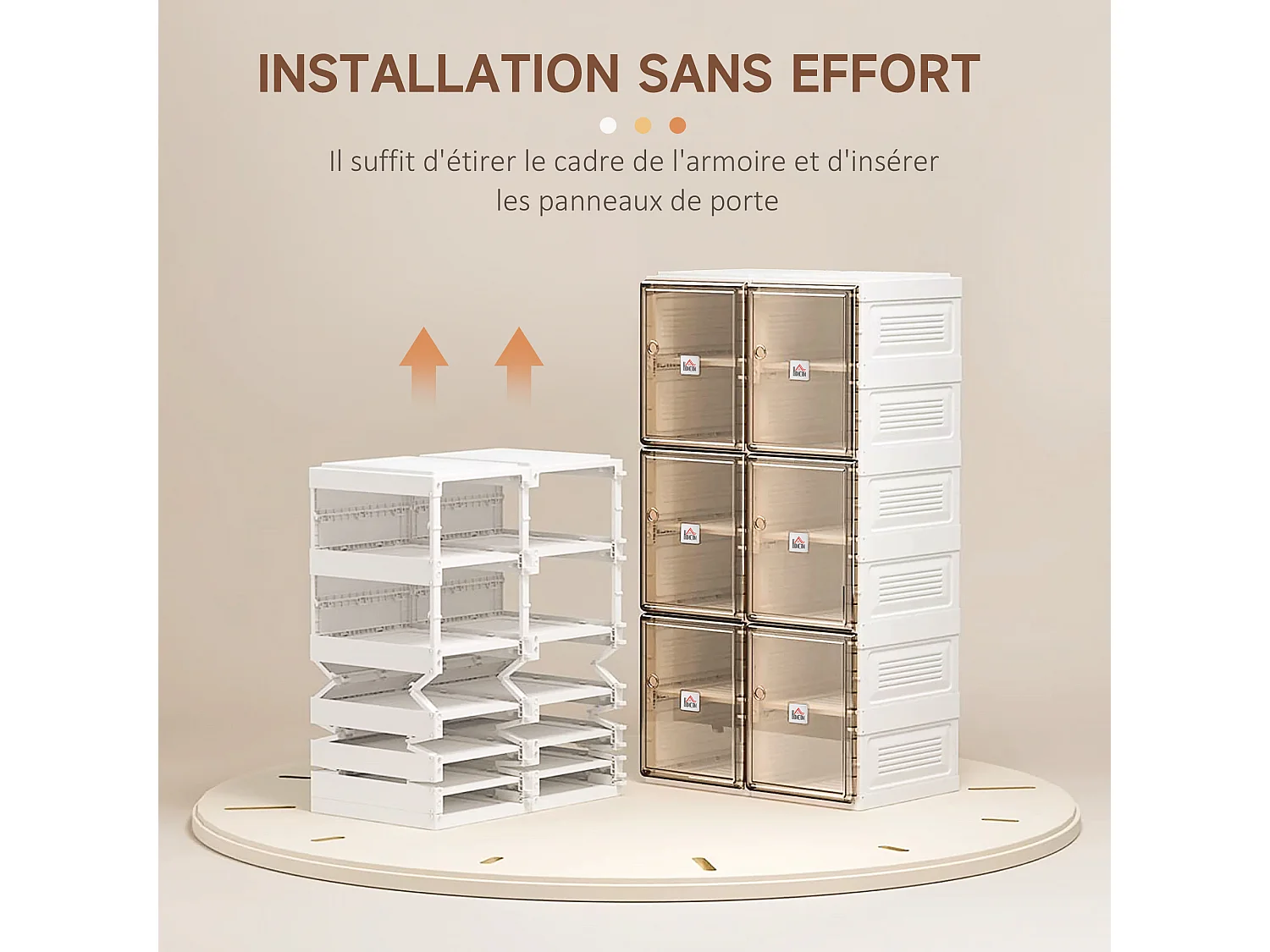 Meuble à chaussures pliant - 12 compartiments, 6 portes - dim. 53L x 34l x 100H cm - PP blanc marron transparent