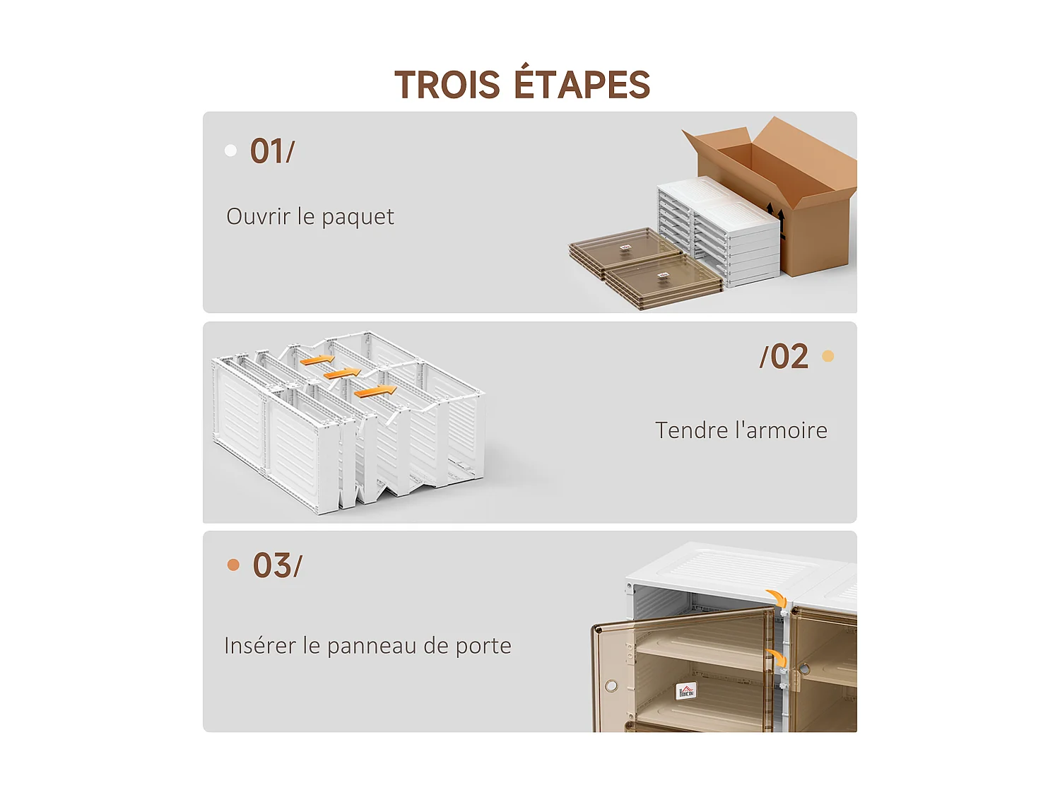 Meuble à chaussures pliant - 12 compartiments, 6 portes - dim. 53L x 34l x 100H cm - PP blanc marron transparent