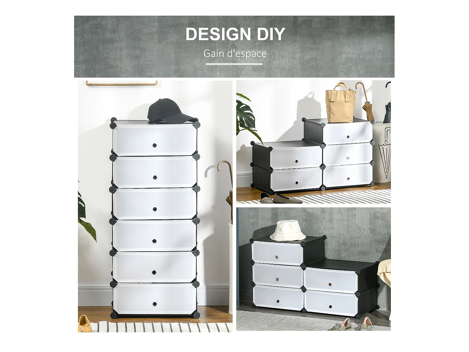 Meuble de rangement à chaussures modulable 6 casiers rectangulaires empilables - noir et blanc