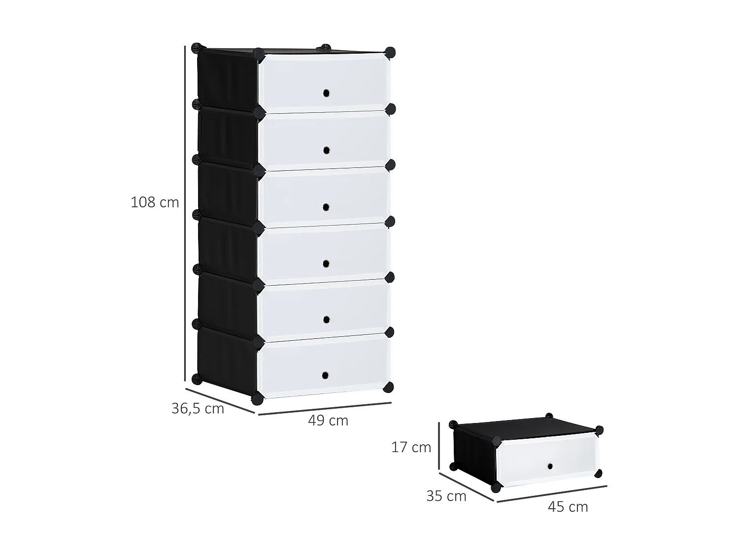 Meuble de rangement à chaussures modulable 6 casiers rectangulaires empilables - noir et blanc