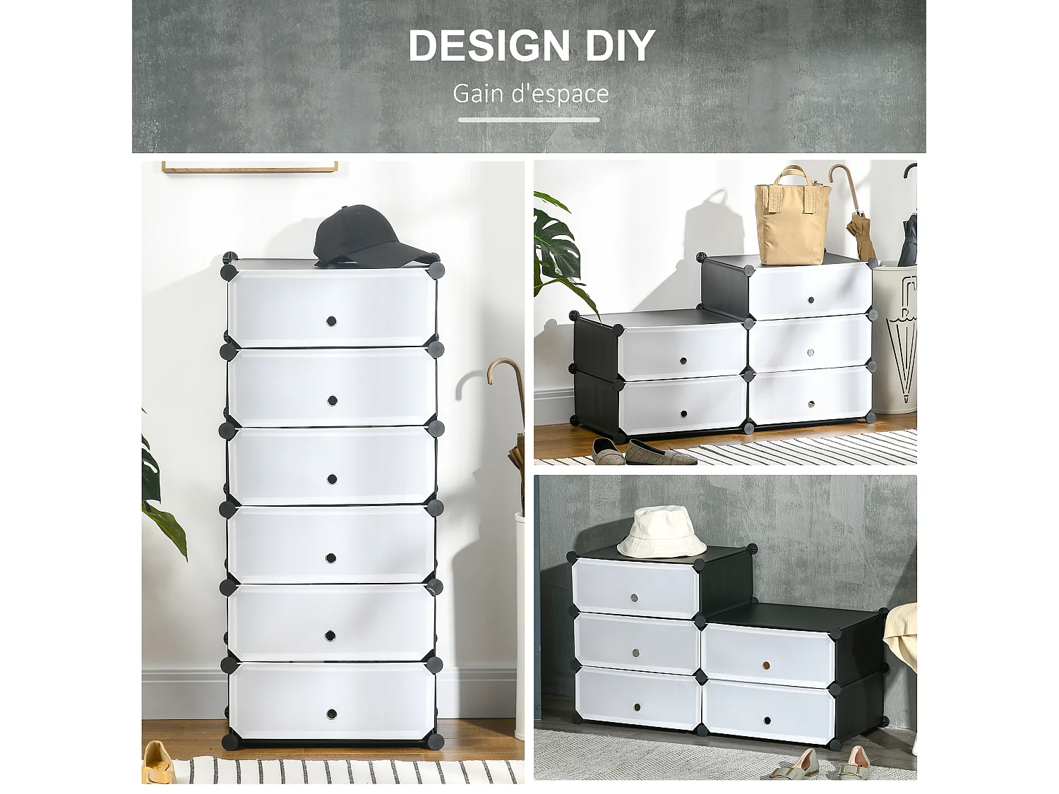 Meuble de rangement à chaussures modulable 6 casiers rectangulaires empilables - noir et blanc